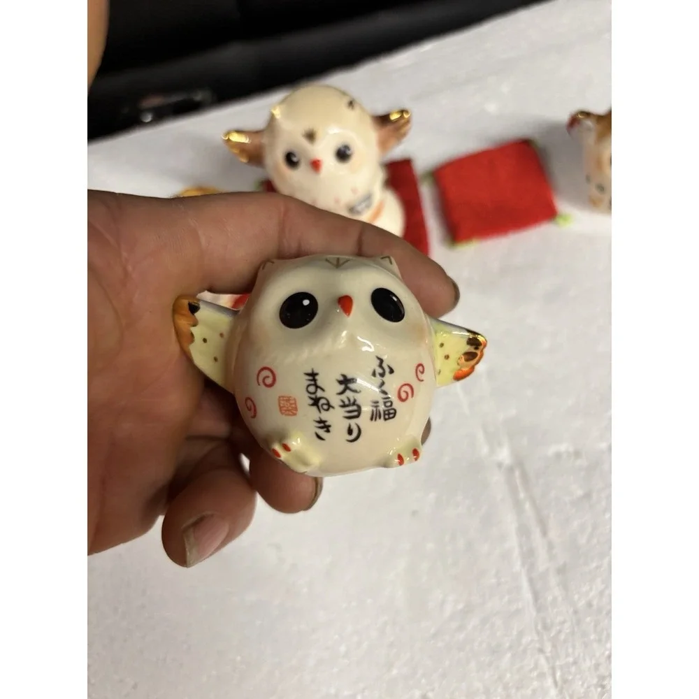 Vintage Yakushigama Japan Pottery Owls Set 5 Pcs Lucky Fukurou Fortune Decor⁠